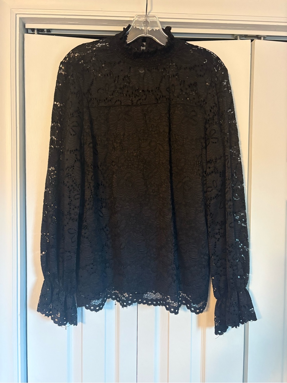 Adrianna Papell Black Lace High-Neck Long-Sleeve Blouse